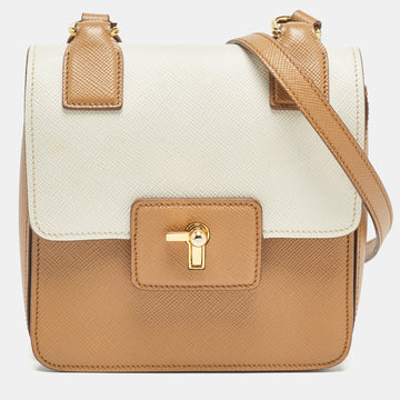 PRADA Brown/White Saffiano Cuir Leather Flap Crossbody Bag