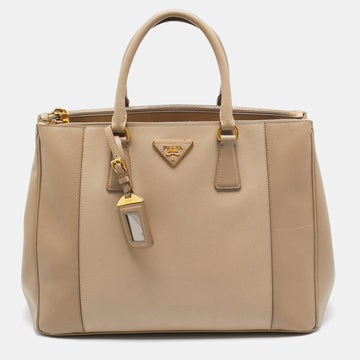 PRADA Two Tone Beige Saffiano Lux Leather Large Double Zip Tote