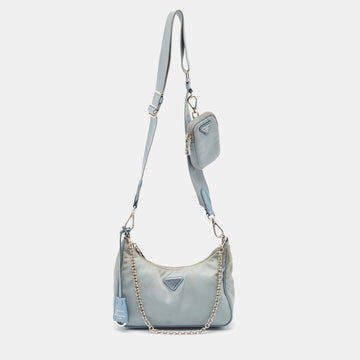 PRADA Light Blue Nylon and Leather Re-Edition 2005 Baguette Bag