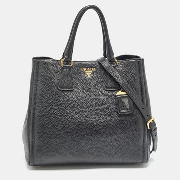 PRADA Black Vitello Daino Leather Snap Tote