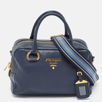 PRADA Navy Blue Vitello Daino Leather Boston Bag