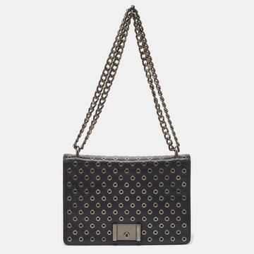 PRADA Black Leather Grommet Flap Shoulder Bag