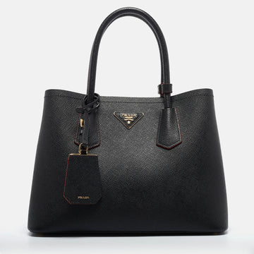 PRADA Black Saffiano Cuir Leather Small Double Handle Tote