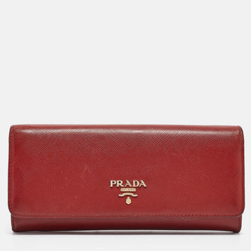 PRADA Red Saffiano Metal Leather Logo Flap Continental Wallet