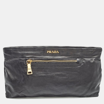 PRADA Black Soft Leather Zip Clutch