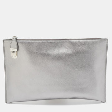 PRADA Silver Saffiano Lux Leather Push Lock Clutch