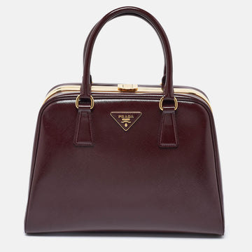 PRADA Burgundy Saffiano Vernice Leather Pyramid Frame Satchel