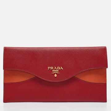 PRADA Red/Orange Saffiano Cross Leather Wave Continental Wallet