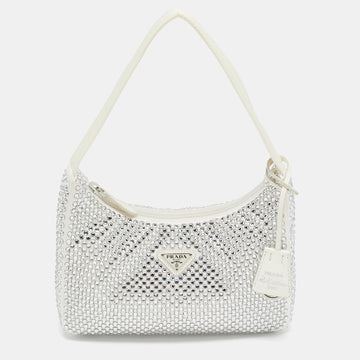 PRADA Off White Satin Crystal Embellished Re-Edition 2000 Baguette Bag