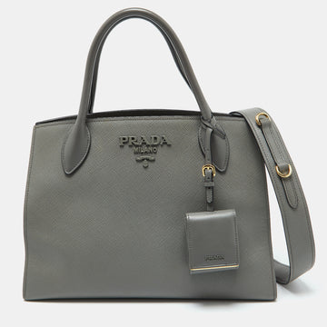 PRADA Grey Saffiano Cuir Leather Monochrome Tote