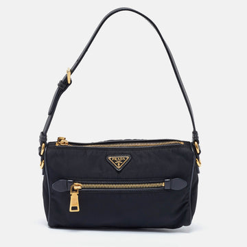 PRADA Black Tessuto Nylon and Saffiano Leather Shoulder Bag