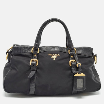 PRADA Black Nylon and Leather Top Zip Satchel