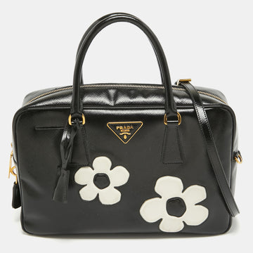 PRADA Black Saffiano Patent Leather Floral Bauletto Bag