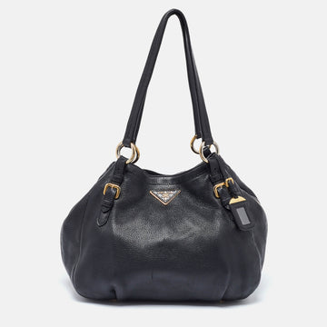 PRADA Black Vitello Daino Leather Side Zip Hobo