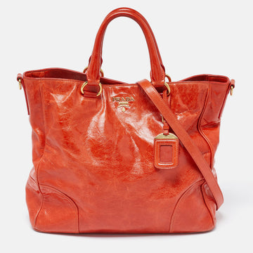 PRADA Orange Vitello Shine Leather Snap Tote