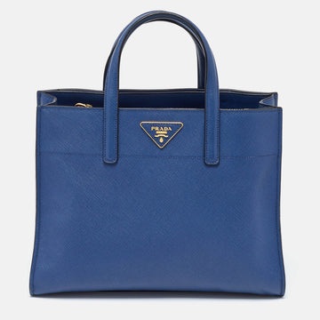 PRADA Blue Saffiano Cuir Leather Triple Pocket Tote