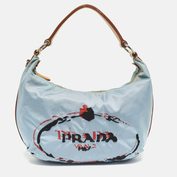 PRADA Light Blue/Beige Tessuto Nylon and Leather Stencil Hobo