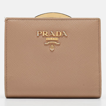 PRADA Beige Saffiano Metal Leather Frame Compact Wallet