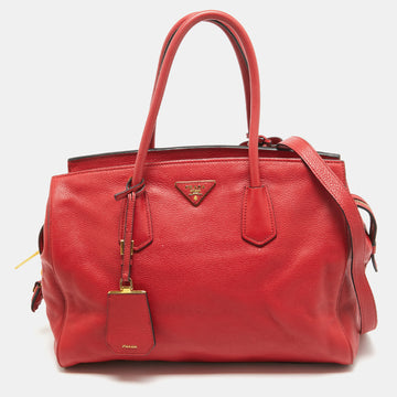 PRADA Red Vitello Leather Middle Zip Tote