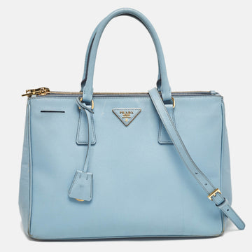 PRADA Light Blue Saffiano Lux Leather Large Double Zip Tote