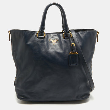 PRADA Navy Blue Leather Side Zip Tote