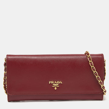 PRADA Dark Red Saffiano Metal Leather Wallet On Chain