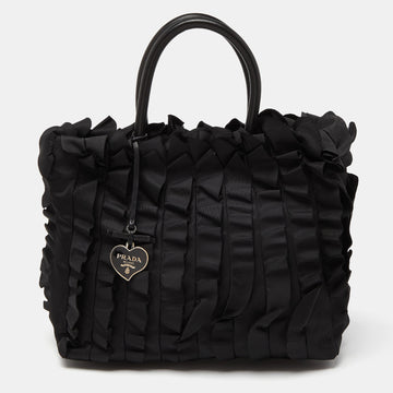 PRADA Black Nylon and Leather Ruffle Tote