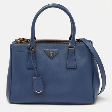 PRADA Blue Saffiano Leather Small Galleria Double Zip Tote