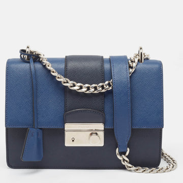 PRADA Two Tone Blue Saffiano 1 Leather Sound Flap Chain Shoulder Bag