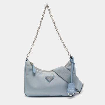 PRADA Light Blue Nylon and Leather Re-Edition 2005 Baguette Bag