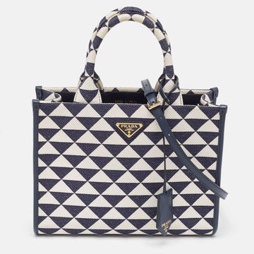 PRADA Baltic Blue/Chalk White Embroidered Fabric Small Symbole Tote