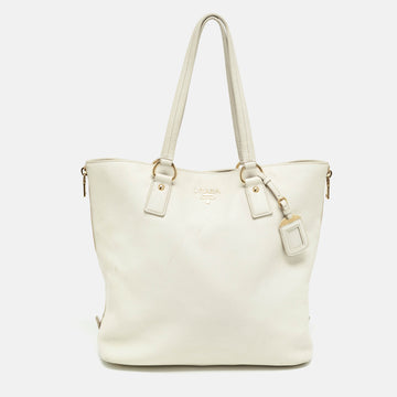 PRADA White Vitello Daino Leather Side Zip Tote