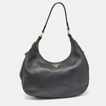 PRADA Black Vitello Daino Leather Logo Hobo