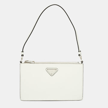 PRADA White Brushed Leather Triangle Logo Mini Bag
