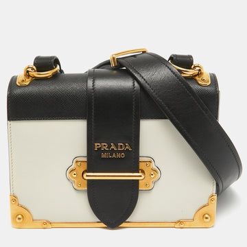 PRADA Black/White Saffiano Leather Cahier Flap Shoulder Bag