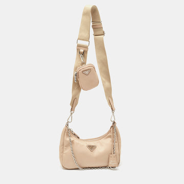 PRADA Beige Nylon and Leather Re-Edition 2005 Baguette Bag