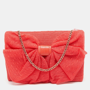 RED VALENTINO Coral Orange Raffia and Lace Bow Chain Bag