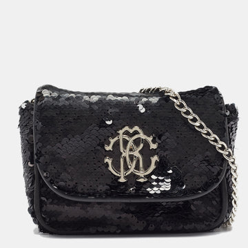 ROBERTO CAVALLI Black Sequins RC Logo Chain Bag