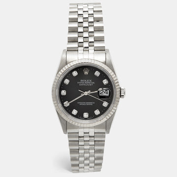 ROLEX Black 18K White Gold Stainless Steel Diamond Datejust 16234 Unisex Wristwatch 36 mm