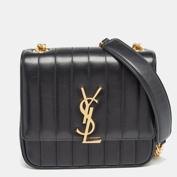 Saint Laurent Black Leather Medium Monogram Vicky Crossbody Bag