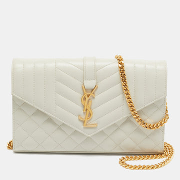 Saint Laurent White Matelasse Leather Cassandre Wallet on Chain