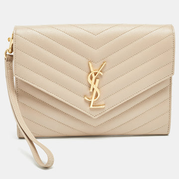 Saint Laurent Beige Matelasse Leather Cassandre Wristlet Pouch