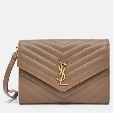 Saint Laurent Beige Matelasse Leather Envelope Flap Wristlet Pouch