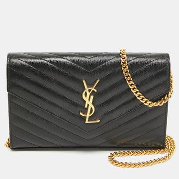 Saint Laurent Black Matelasse Leather Cassandre Wallet on Chain