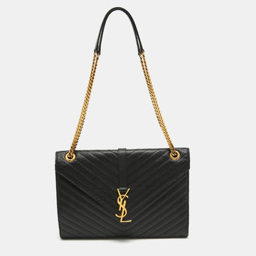 Saint Laurent Black Matelasse Leather Large Monogram Envelope Shoulder Bag