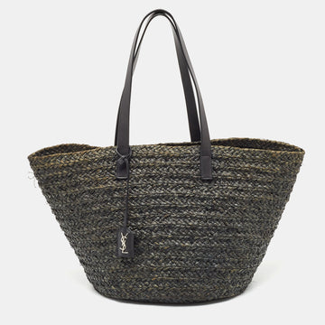 Saint Laurent Black Woven Raffia and Leather Basket Bag