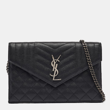 Saint Laurent Black Mix Matelasse Leather Monogram Envelope Wallet on Chain