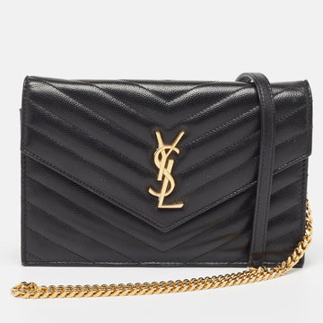 Saint Laurent Black Matelasse Leather Envelope Wallet on Chain