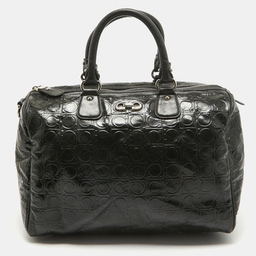 SALVATORE FERRAGAMO Black Gancini Embossed Glossy Leather Boston Bag