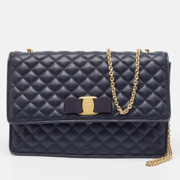 SALVATORE FERRAGAMO Navy Blue Quilted Leather Vara Bow Chain Bag